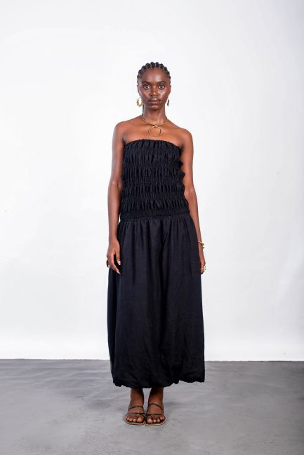 Bulb Midi Dress in Black Linen