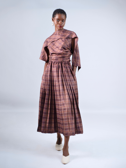 Check Pleated Skirt in Cotton Cashmere