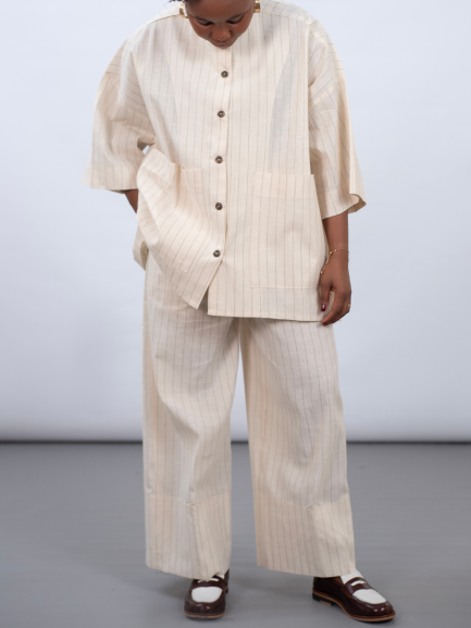 Kaftan Blouse in Beige-Stripe Linen