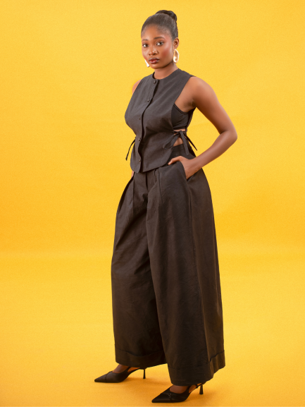 Black Cotton Double Pleat Pants